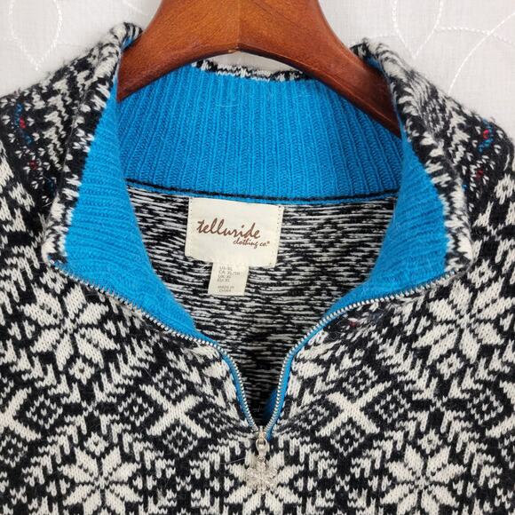 Telluride Sweater Girls XL Black White Lambswool Fair Isle Snowflake 1/4 Zip - Picture 2 of 6